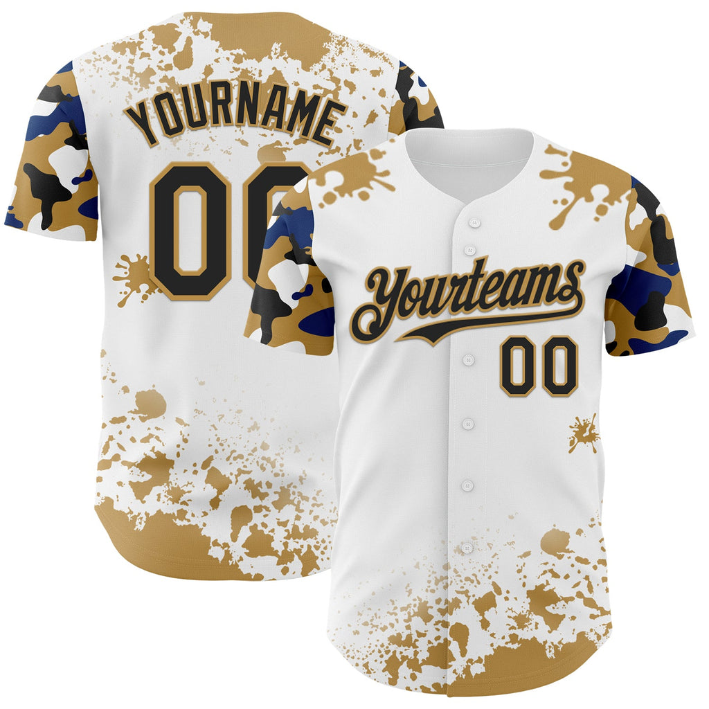 Custom White Black Old Gold-Blue Splatter Camo Two Tone Authentic Baseball Jersey
