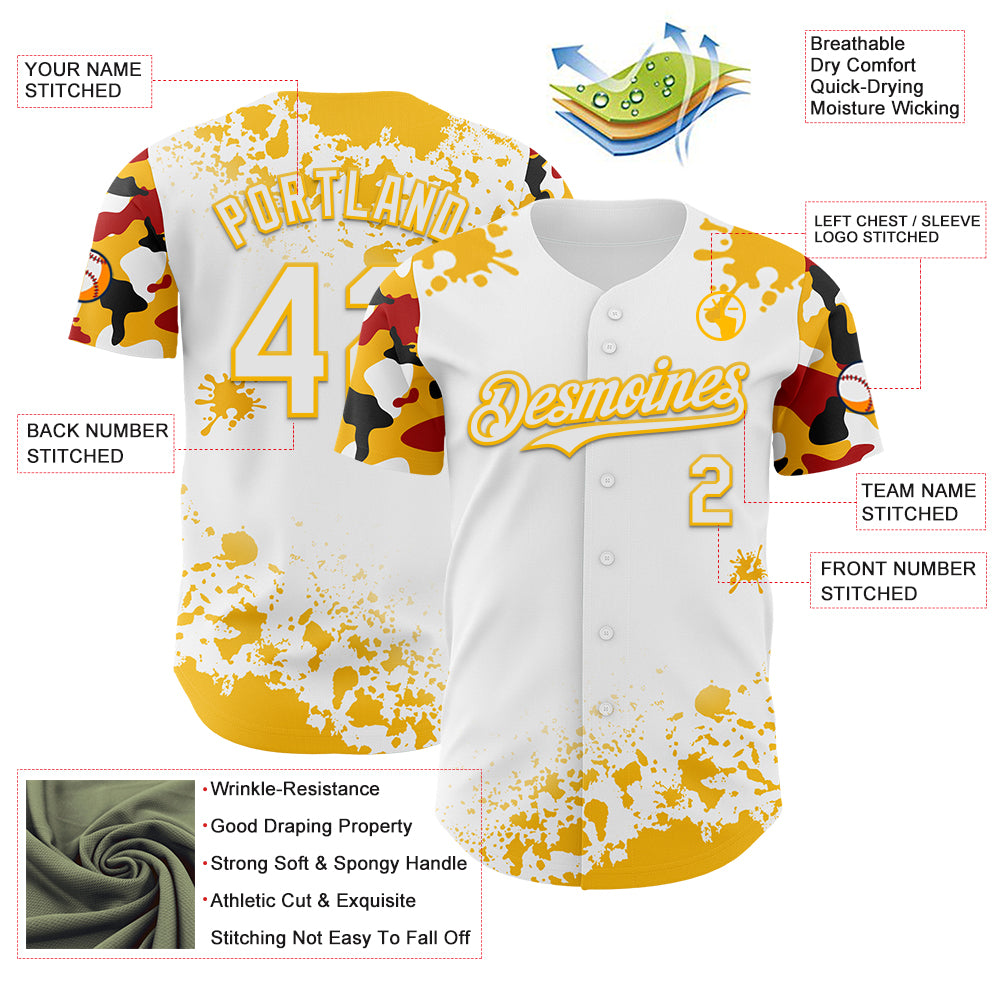 Custom White Gold Red-Black Splatter Camo Two Tone Authentic Baseball Jersey