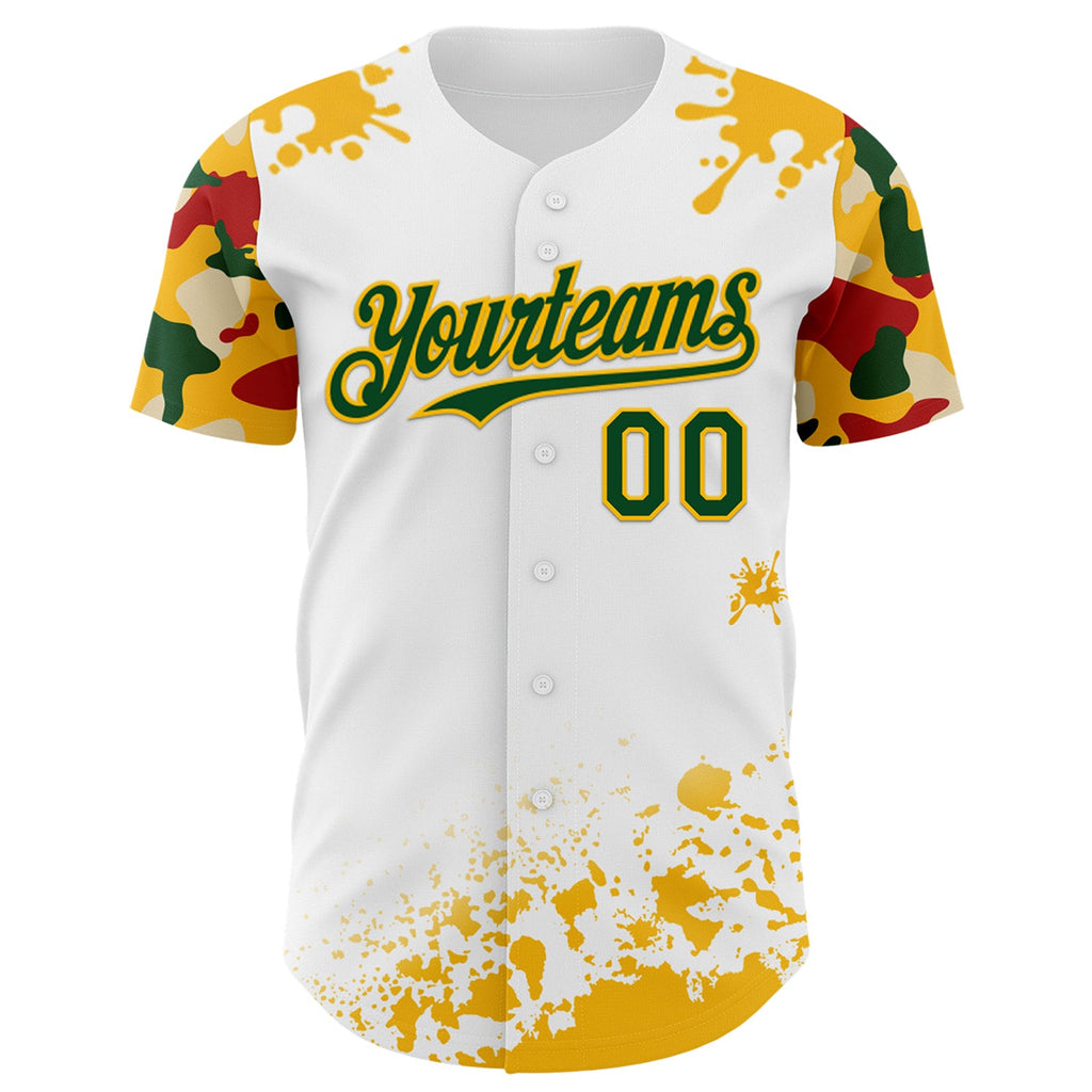Custom White Green Gold-Red Splatter Camo Two Tone Authentic Baseball Jersey