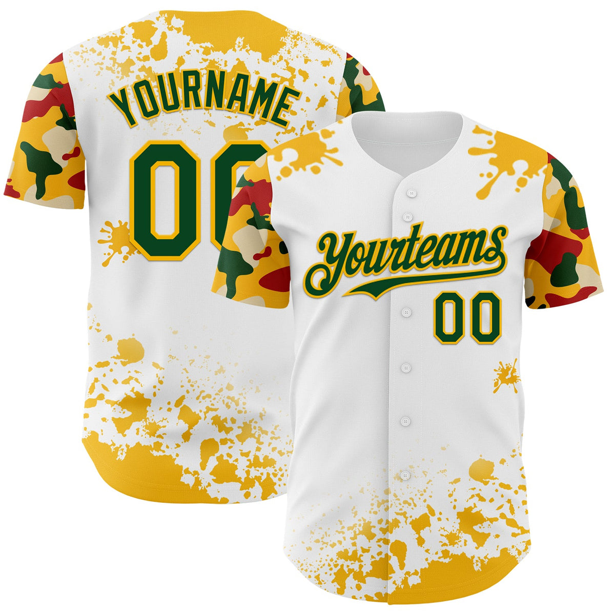 Custom White Green Gold-Red Splatter Camo Two Tone Authentic Baseball Jersey