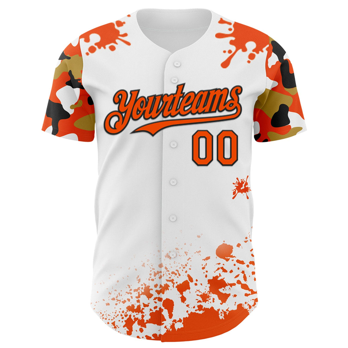 Custom White Orange Black-Old Gold Splatter Camo Two Tone Authentic Baseball Jersey