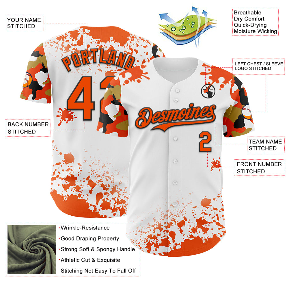 Custom White Orange Black-Old Gold Splatter Camo Two Tone Authentic Baseball Jersey