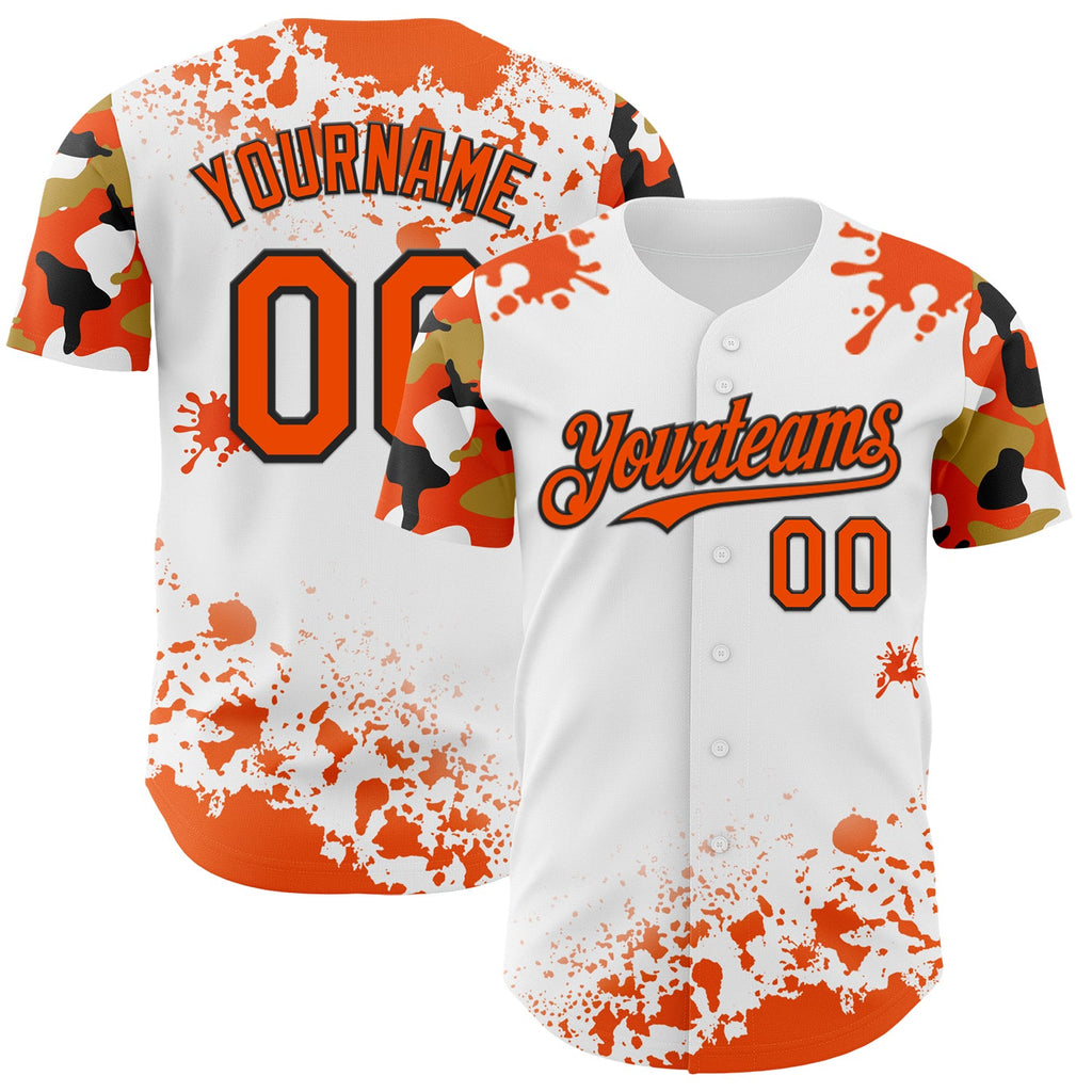 Custom White Orange Black-Old Gold Splatter Camo Two Tone Authentic Baseball Jersey