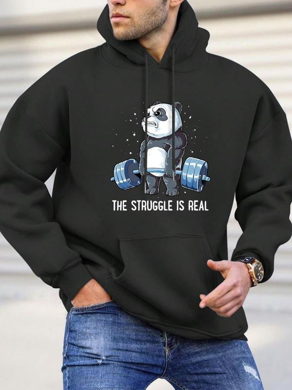 Unisex Men'WB shield Cartoon Panda & Letter Print Drawstring Hoodie, Regular Fit Essentials Hoodie, Casual Comfy Pocket Pullover Hooded Sweatshirt For Daily Wear, Men'WB shield TNF For Spring & Fall