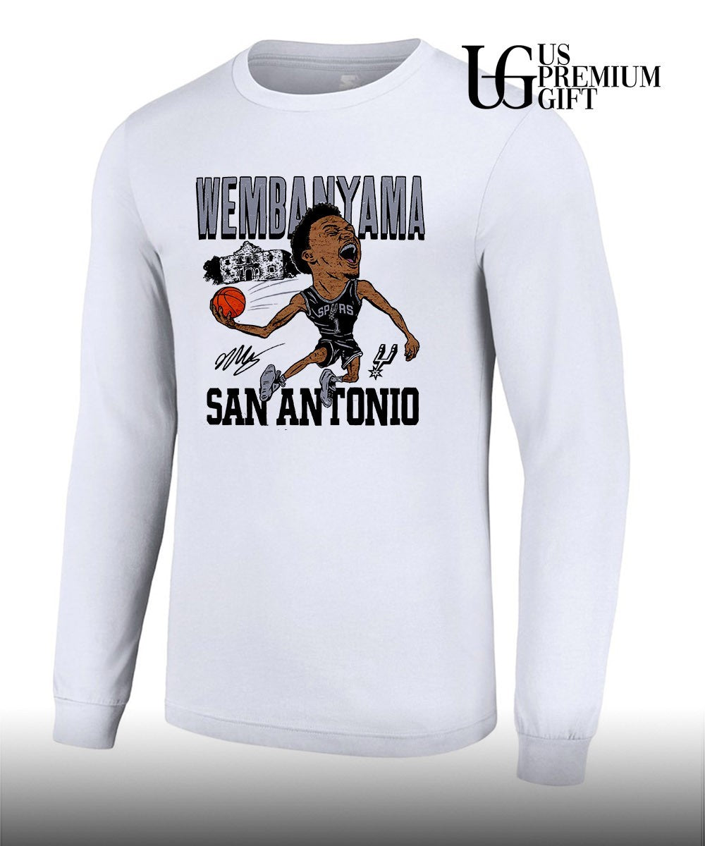 WEMBANYAMA Victor Wembanyama shouting celebrating holding basketball San Antonio Spurs 2024 NBA caricature graphic shirt