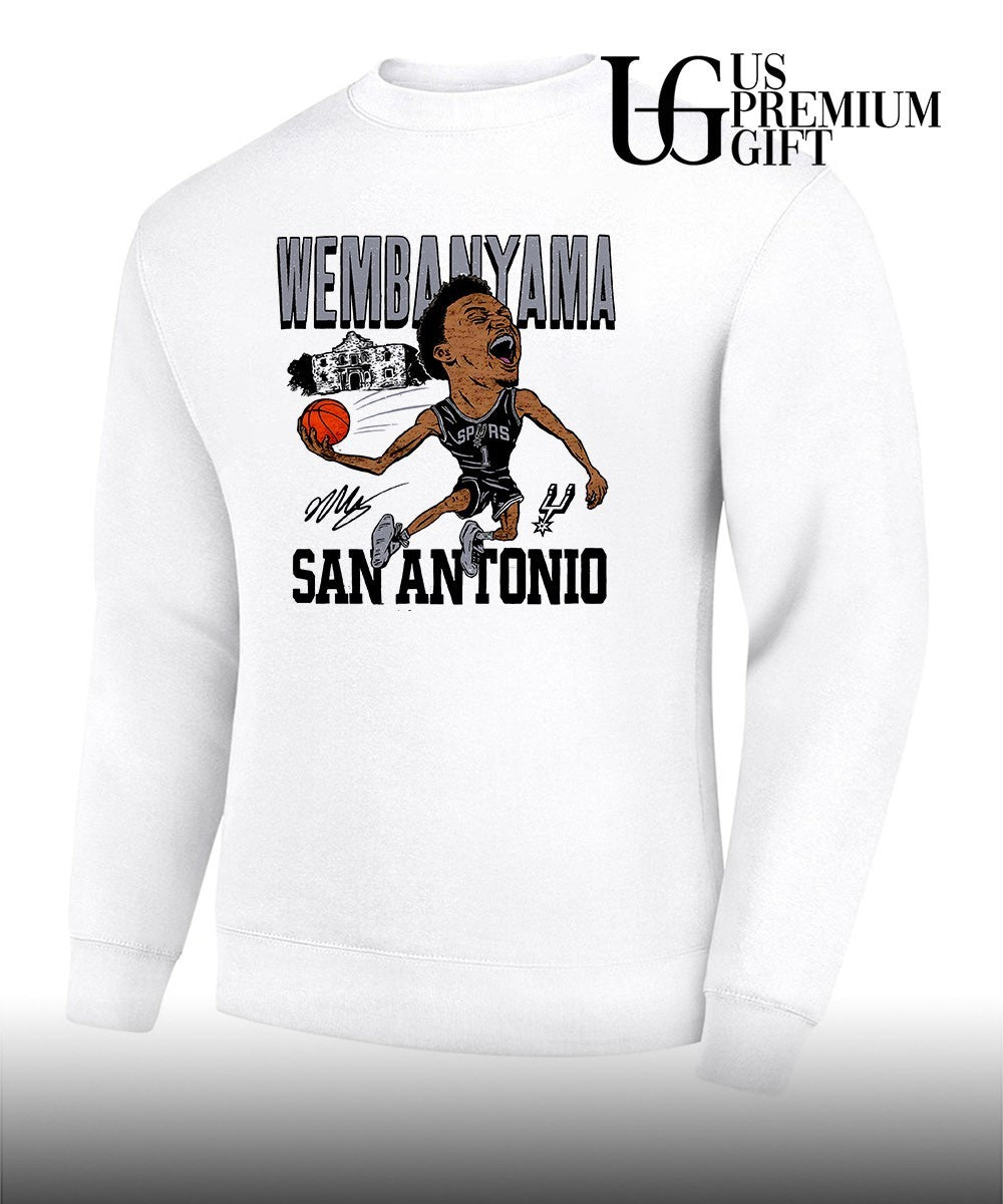 WEMBANYAMA Victor Wembanyama shouting celebrating holding basketball San Antonio Spurs 2024 NBA caricature graphic shirt