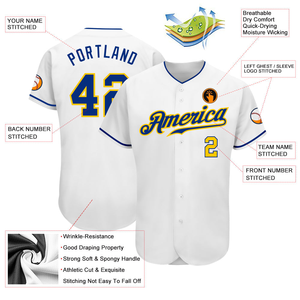 Custom White Royal-Gold Authentic Baseball Jersey