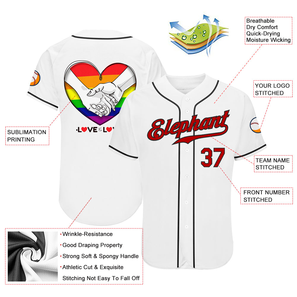 Custom White Red-Black Rainbow Colored Heart For Pride Month Love Is Love LGBT Authentic Baseball Jersey