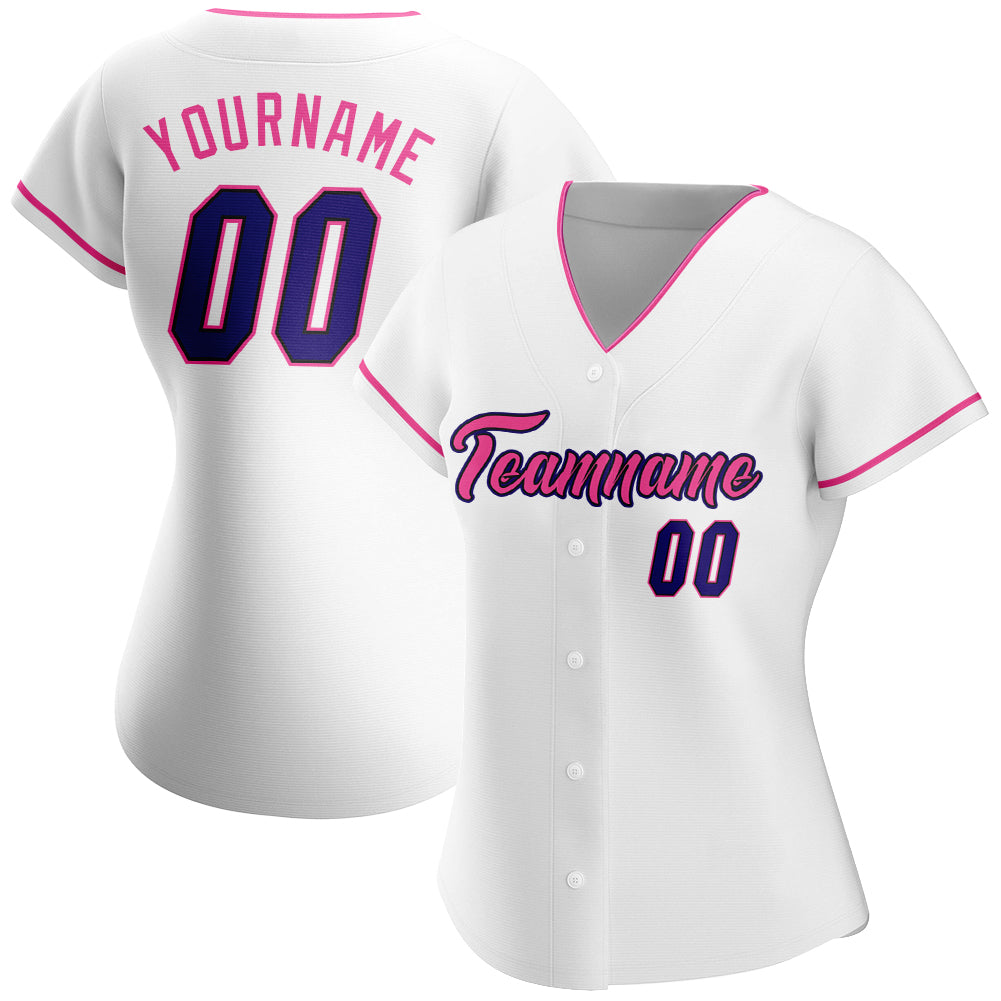 Custom White Dark Purple Black-Pink Authentic Baseball Jersey