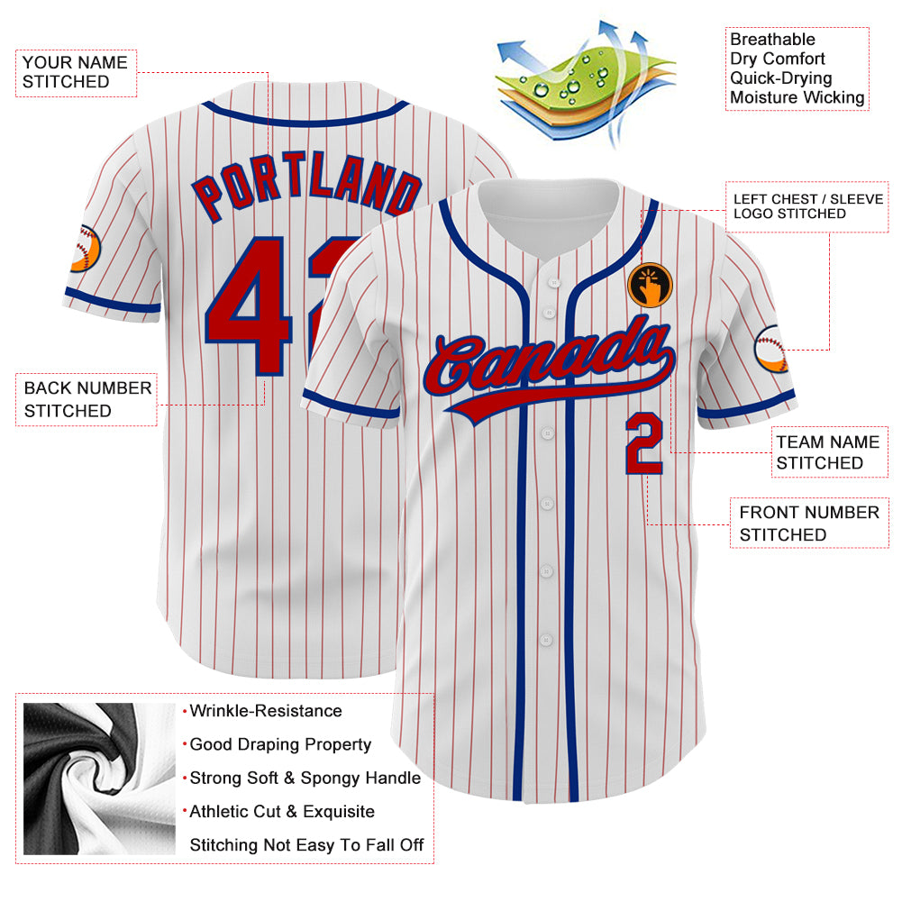 Custom White Red Pinstripe Red-Royal Authentic Baseball Jersey