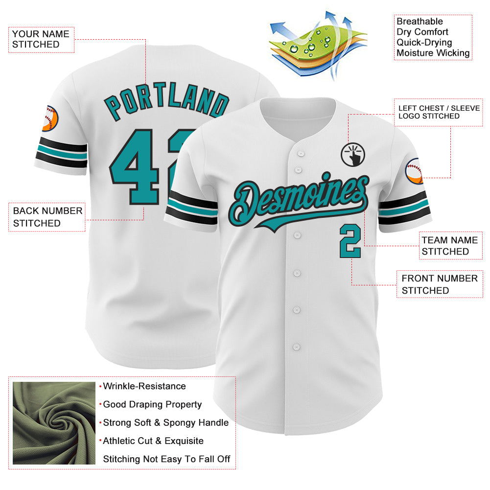 Custom White Teal-Black Authentic Baseball Jersey
