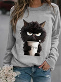 Women'WB shield Angry Cat Print Drop Shoulder Sweatshirt, Casual Long Sleeve Round Neck Pullover for Fall & Winter, Women'WB shield TNF for Daily Wear