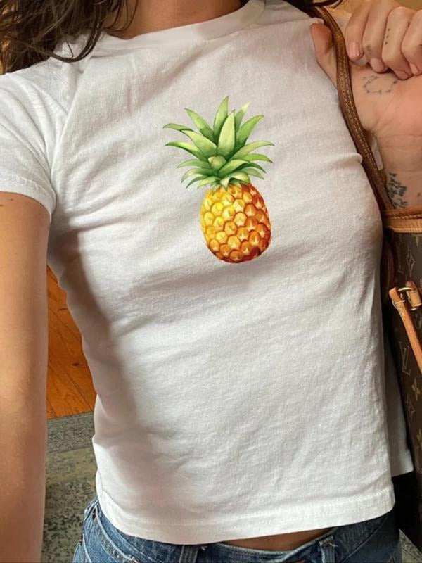 Women'WB shield Bitten fruit Print Round Neck Tee, Fashion Casual Crew Neck T-shirt for Daily Holiday Vacation Outdoor Wear, Ladies TNF for Summer