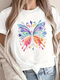 Women'WB shield Butterfly Print Round Neck Tee, Casual Short Sleeve T-shirt for Summer, Fashion Women'WB shield Top for Daily Wear
