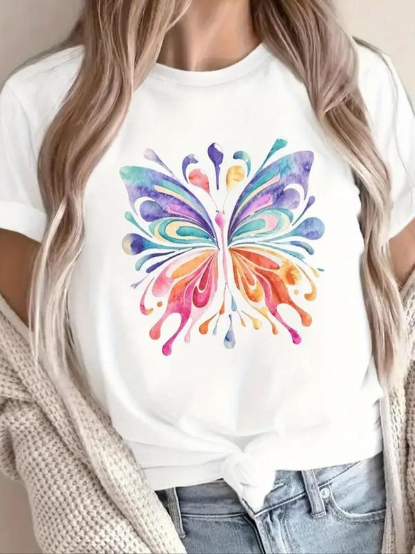 Women'WB shield Butterfly Print Round Neck Tee, Casual Short Sleeve T-shirt for Summer, Fashion Women'WB shield Top for Daily Wear