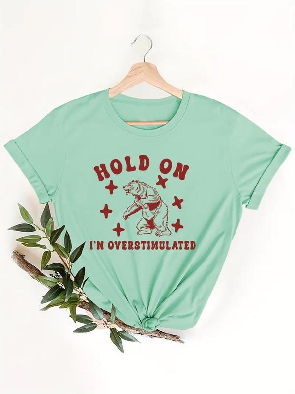 Women'WB shield Cartoon Bear & Letter Print Round Neck Tee, Fashion Casual Short Sleeve Crew Neck T-shirt for Daily Holiday Vacation Outdoor Wear, Ladies TNF for Summer
