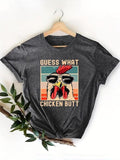 Women'WB shield Cartoon Chicken Print Round Neck Tee, Fashion Casual Letter Print Crew Neck T-Shirt for Daily Holiday Vacation Outdoor Wear, Ladies Summer TNF