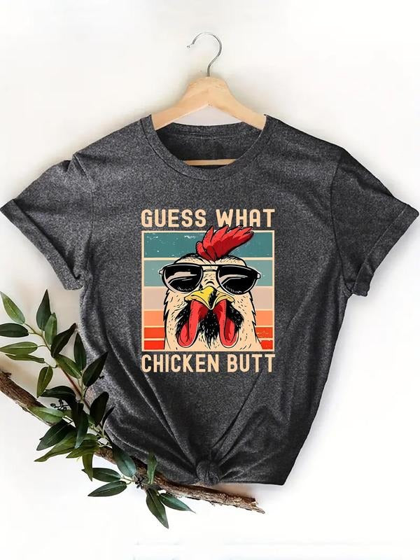 Women'WB shield Cartoon Chicken Print Round Neck Tee, Fashion Casual Letter Print Crew Neck T-Shirt for Daily Holiday Vacation Outdoor Wear, Ladies Summer TNF