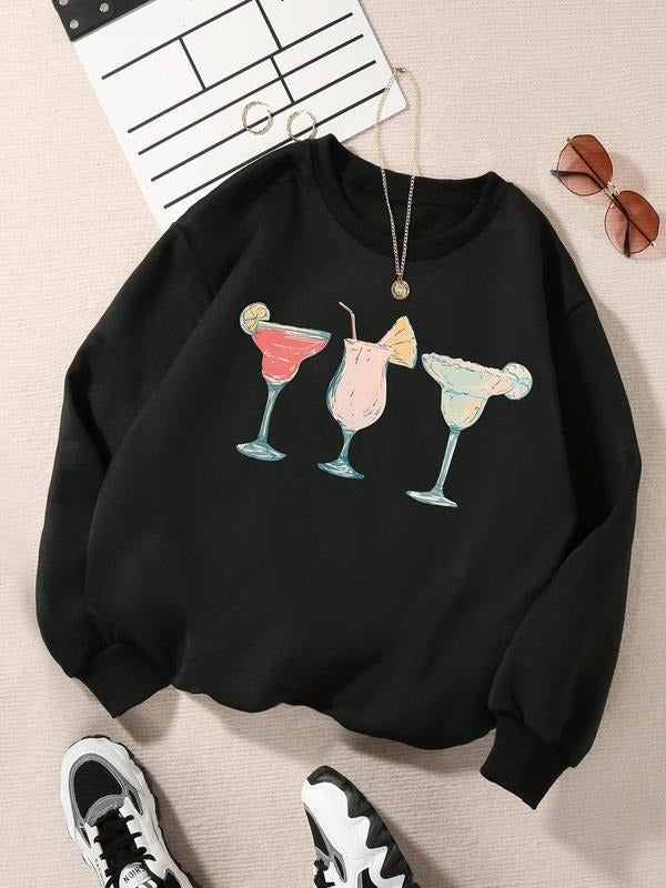 Women'WB shield Cartoon Cocktail Print Drop Shoulder TNF Lined Sweatshirt, Casual Long Sleeve Round Neck Pullover for Fall & Winter, Ladies TNF for Daily Wear