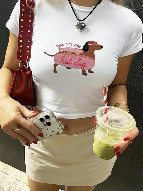 Women'WB shield Cartoon Dog Print Round Neck Crop Tee, Casual Short Sleeve T-Shirt for Summer, Ladies TNF for Daily Wear