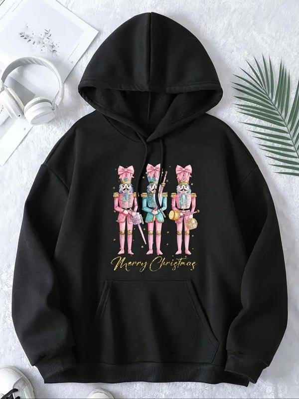 Women'WB shield Cartoon Figure Print Drop Shoulder Fleece Hoodie, Fashion Casual Drawstring Pocket Hooded Sweatshirt for Daily Holiday Outdoor Wear, Women Clothing for Fall & Winter