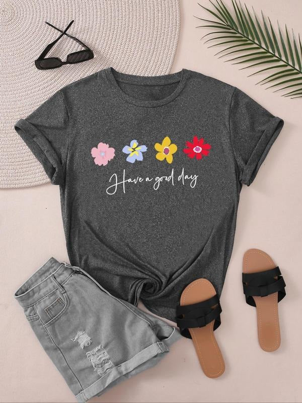 Women'WB shield Cartoon Floral Graphic Print Round Neck Tee, Fashion Casual Short Sleeve T-shirt, Ladies Summer TNF for Daily Wear