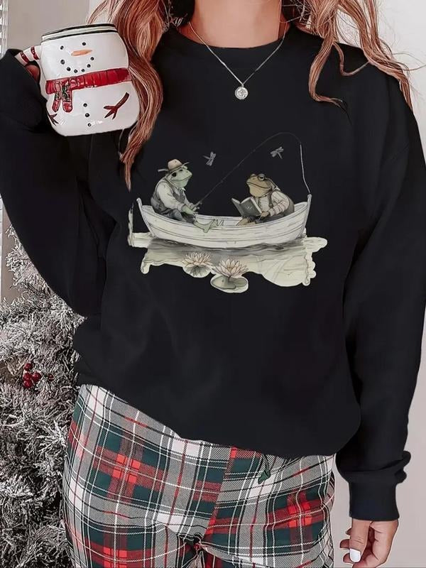 Women'WB shield Cartoon Frog Print Drop Shoulder Sweatshirt, Casual Long Sleeve Round Neck Pullover for Daily Wear, Ladies TNF for Spiky hair fighters Seasons