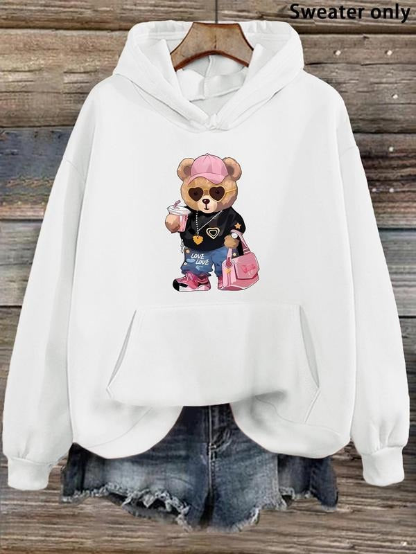 Women'WB shield Cartoon Print Drop Shoulder Hoodie, Fashion Casual Drawstring Pocket Hooded Sweatshirt for Daily Holiday Outdoor Wear, Women Clothing for Fall & Winter style 04
