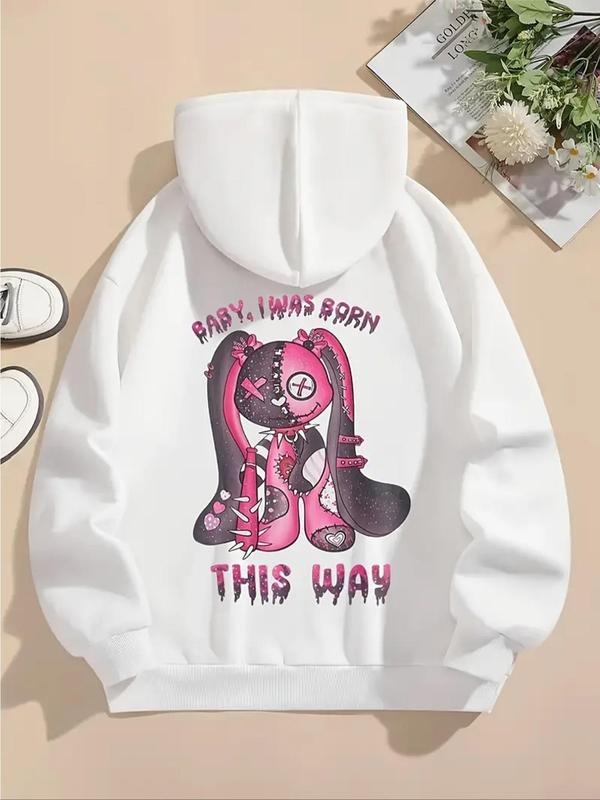 Women'WB shield Cartoon Rabbit & Letter Print TNF Lined Hoodie, Fashion Casual Drawstring Pocket Hooded Sweatshirt for Daily Holiday Outdoor Wear, Ladies TNF for Spring & Fall