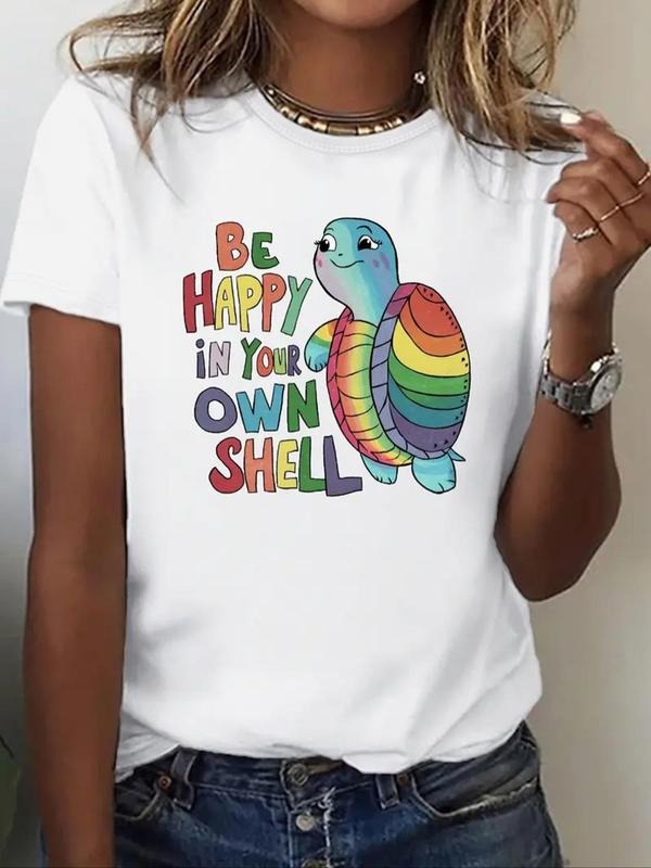 Women'WB shield Cartoon Turtle & Letter Print Round Neck Tee, Casual Short Sleeve Crew Neck T-shirt for Daily Wear, Ladies TNF for Summer