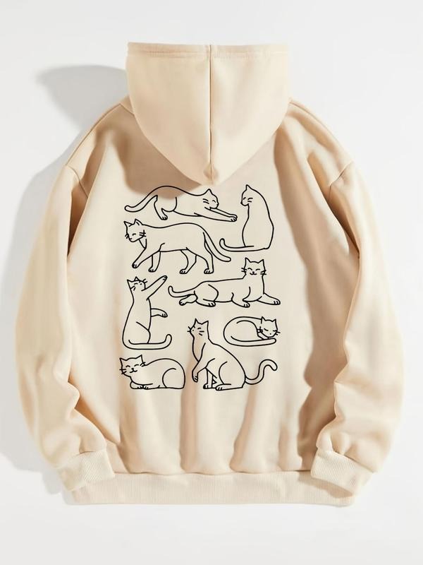 Women'WB shield Cat Print Drop Shoulder Drawstring Hoodie, Fashion Casual Pocket Hooded Sweatshirt for Daily Holiday Outdoor Wear, Women Clothing for Fall & Winter