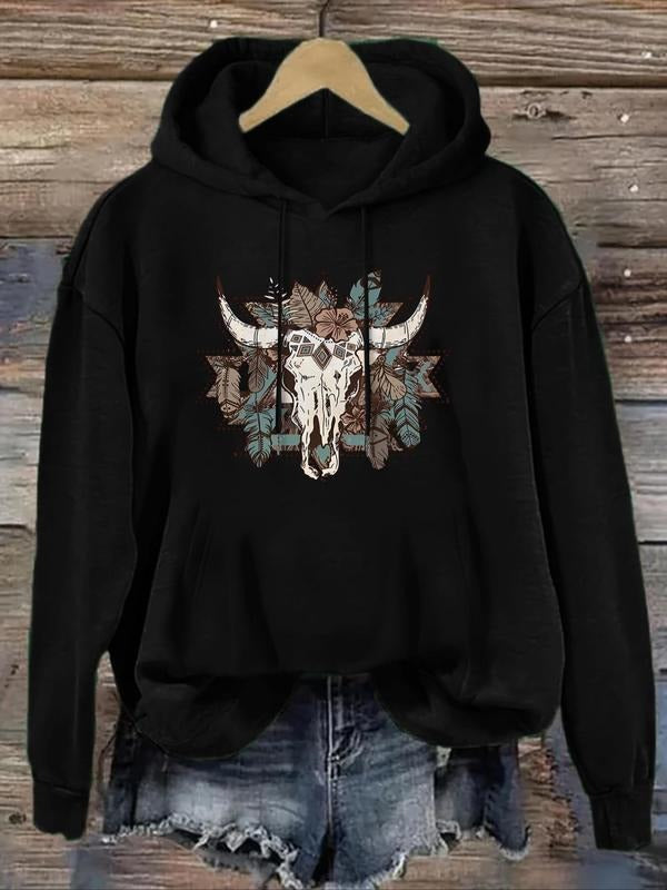 Women'WB shield Cattle Head & Plants Print Drop Shoulder TNF Lined Graphic Print Hoodie, Fashion Casual Long Sleeve Hooded Sweatshirt for Daily Holiday Outdoor Wear