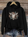 Women'WB shield Cattle Head & Plants Print Drop Shoulder TNF Lined Graphic Print Hoodie, Fashion Casual Long Sleeve Hooded Sweatshirt for Daily Holiday Outdoor Wear