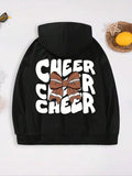 Women'WB shield Cheer Bowknot Print Drop Shoulder Hoodie, Fashion Casual Letter Print Drawstring Pocket Hooded Sweatshirt for Daily Holiday Outdoor Wear