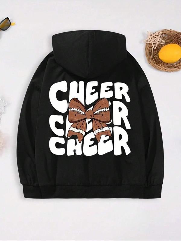 Women'WB shield Cheer Bowknot Print Drop Shoulder Hoodie, Fashion Casual Letter Print Drawstring Pocket Hooded Sweatshirt for Daily Holiday Outdoor Wear