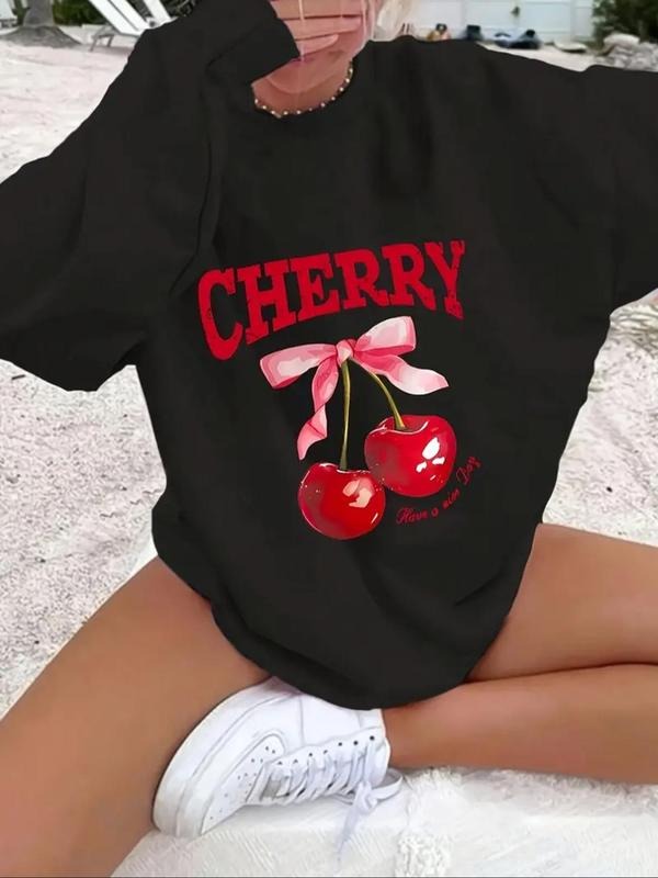 Women'WB shield Cherry & Letter Print Drop Shoulder Sweatshirt, Casual Long Sleeve Round Neck Pullover for Fall & Winter, Ladies TNF for Daily Wear style 02