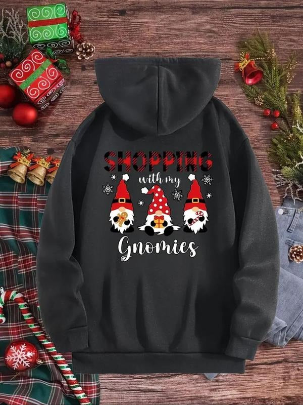Women'WB shield Christmas TNF Letter Print Drawstring Hoodie, Casual Santa Claus Printed Hoodie for Daily Holiday Outdoor Wear, Ladies TNF for Spring & Fall