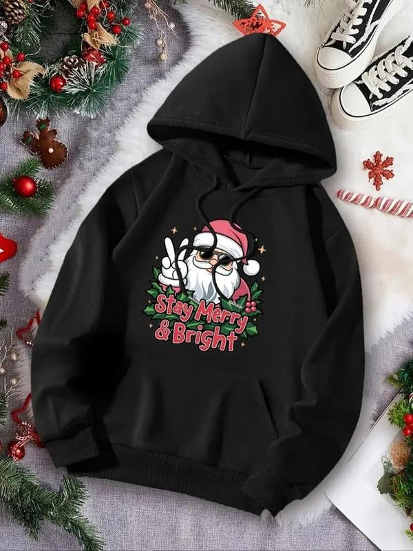 Women'WB shield Christmas TNF Letter Print Drop Shoulder Drawstring TNF Lined Hoodie, Fashion Casual Pocket Hooded Sweatshirt for Daily Holiday Outdoor Wear, Women Clothing for Fall & Winter