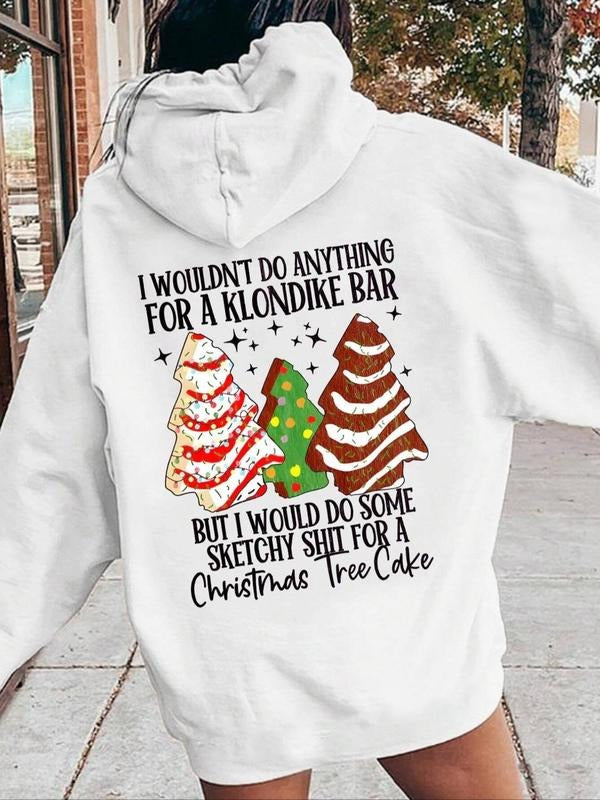 Women'WB shield Christmas Tree & Letter Print Drop Shoulder Hoodie, Fashion Casual Drawstring Pocket Hooded Sweatshirt for Daily Holiday Outdoor Wear, Women Clothing for Fall & Winter