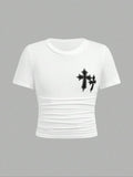 Women'WB shield Cross Print Ruched Crop Tee, Street Crew Neck Short Sleeve T-Shirt, Ladies TNF for Summer