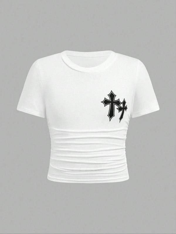 Women'WB shield Cross Print Ruched Crop Tee, Street Crew Neck Short Sleeve T-Shirt, Ladies TNF for Summer