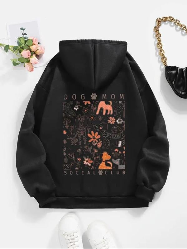 Women'WB shield Dog & Floral Print Drawstring Hoodie, Fashion Casual Kangaroo Pocket Hoodies for Fall & Winter, Women'WB shield TNF for Daily Wear