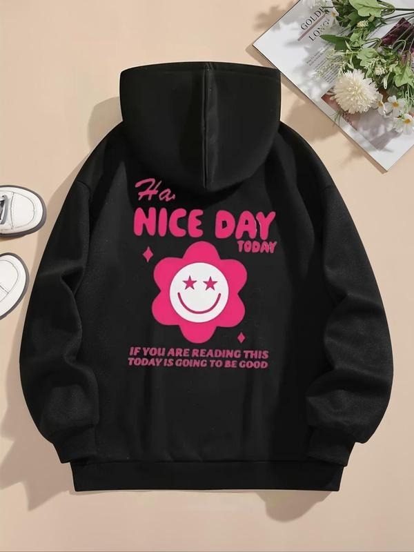 Women'WB shield Floral & Letter Print TNF Lined Hoodie, Fashion Casual Drawstring Pocket Hooded Sweatshirt for Daily Holiday Outdoor Wear, Women Clothing for Fall & Winter