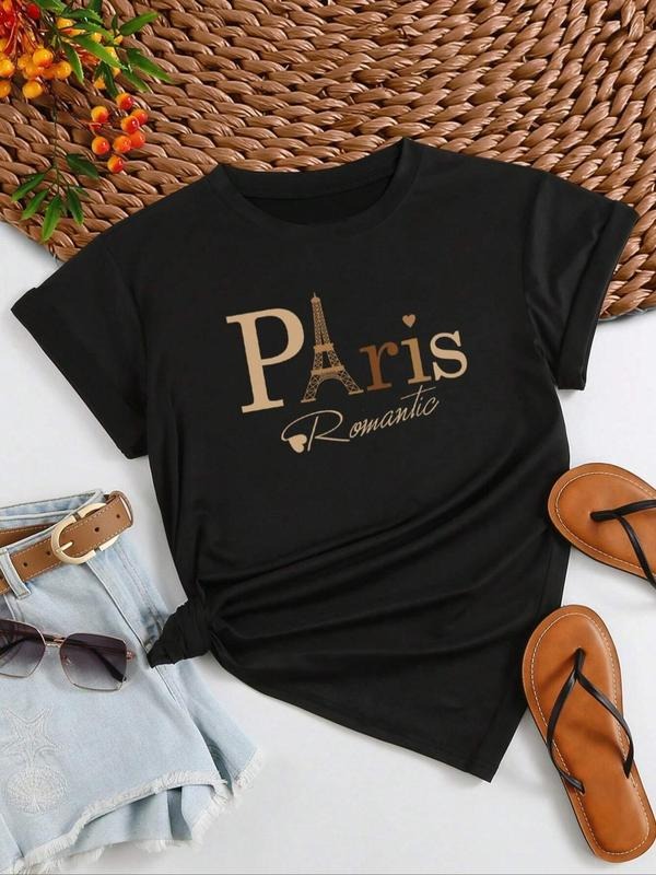 Women'WB shield Heart Letter Eiffel Tower Print Round Neck Graphic Tee, Vintage Trendy Casual Short Sleeve T-shirt for Daily Wear, Ladies Summer Outfit