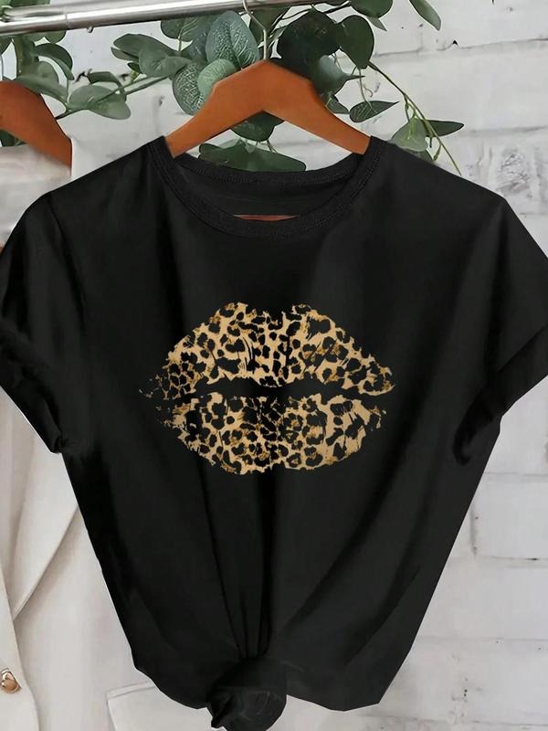 Women'WB shield Leopard Lip Print Round Neck Tee, Fashion Casual Crew Neck T-Shirt for Daily Holiday Vacation Outdoor Wear, Ladies TNF for Summer