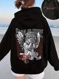 Women'WB shield Letter & Angel Print Drop Shoulder TNF Lined Hoodie, Street Drawstring Pocket Hooded Sweatshirt for Daily Holiday Outdoor Wear, Women Clothing for Fall & Winter