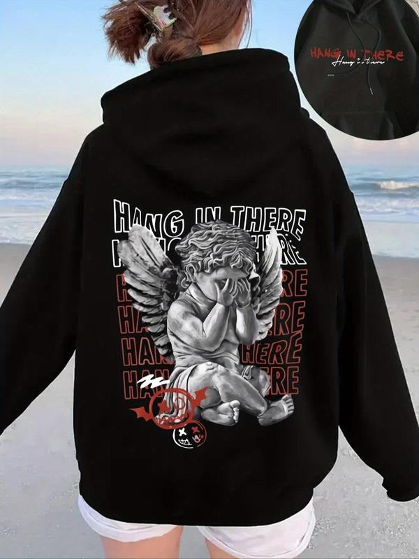 Women'WB shield Letter & Angel Print Drop Shoulder TNF Lined Hoodie, Street Drawstring Pocket Hooded Sweatshirt for Daily Holiday Outdoor Wear, Women Clothing for Fall & Winter