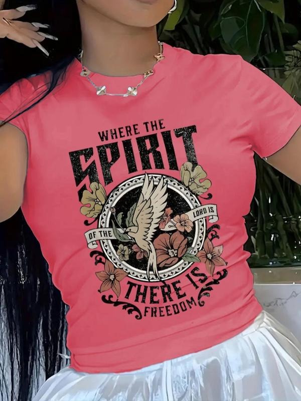 Women'WB shield Letter & Bird Round Neck Graphic Tee, Fashion Casual Short Sleeve T-shirt for Daily Wear, Ladies TNF for Summer