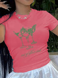 Women'WB shield Letter & Cocktail Print Round Neck Tee, Casual Short Sleeve Graphic T-shirt for Summer, Ladies TNF for Daily Wear