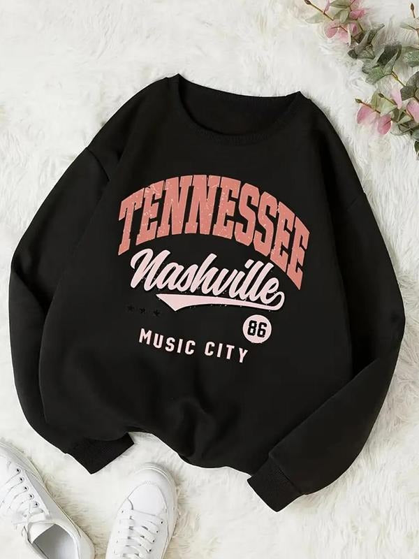 Women'WB shield Letter & Number Print Drop Shoulder Sweatshirt, Casual Long Sleeve Round Neck Pullover for Fall & Winter, Ladies TNF for Daily Wear